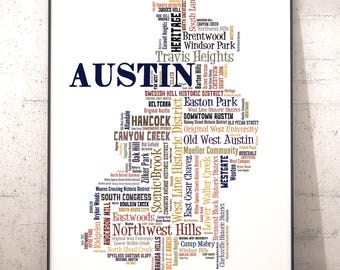 Austin Neighborhood Map Typography Print, City Map Art