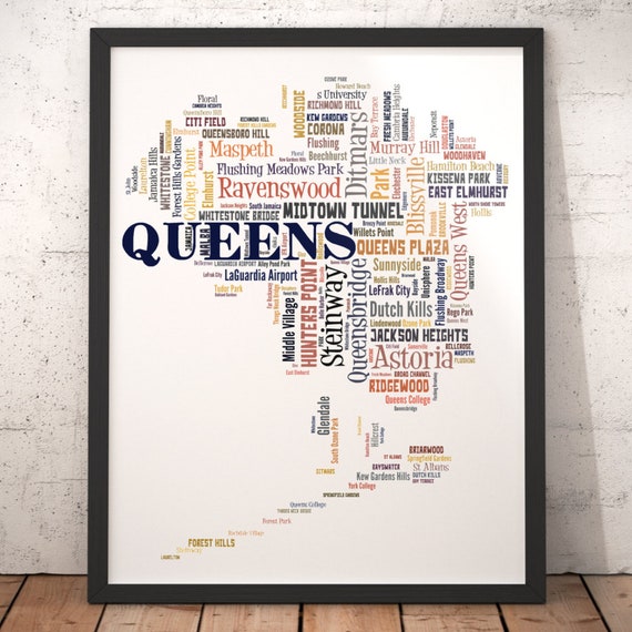 Queens Map Art Queens Art Print Queens Neighborhood Map Etsy