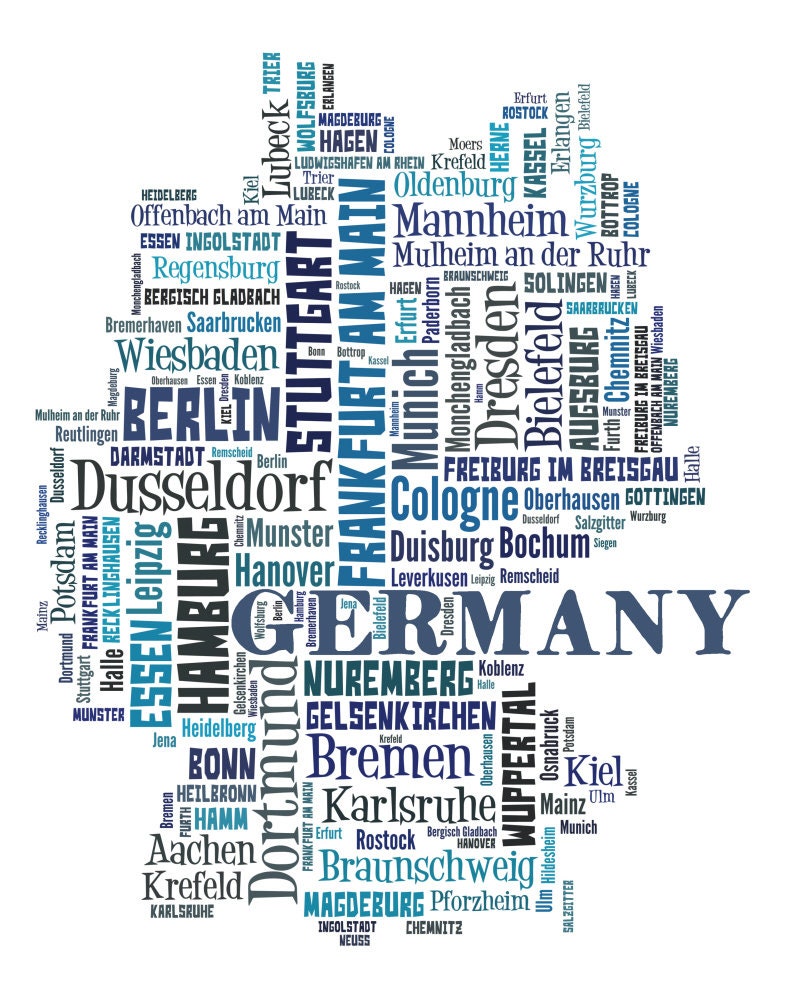 Word Map German Germany Map Typography Art Print, City Names Word Cloud - Etsy