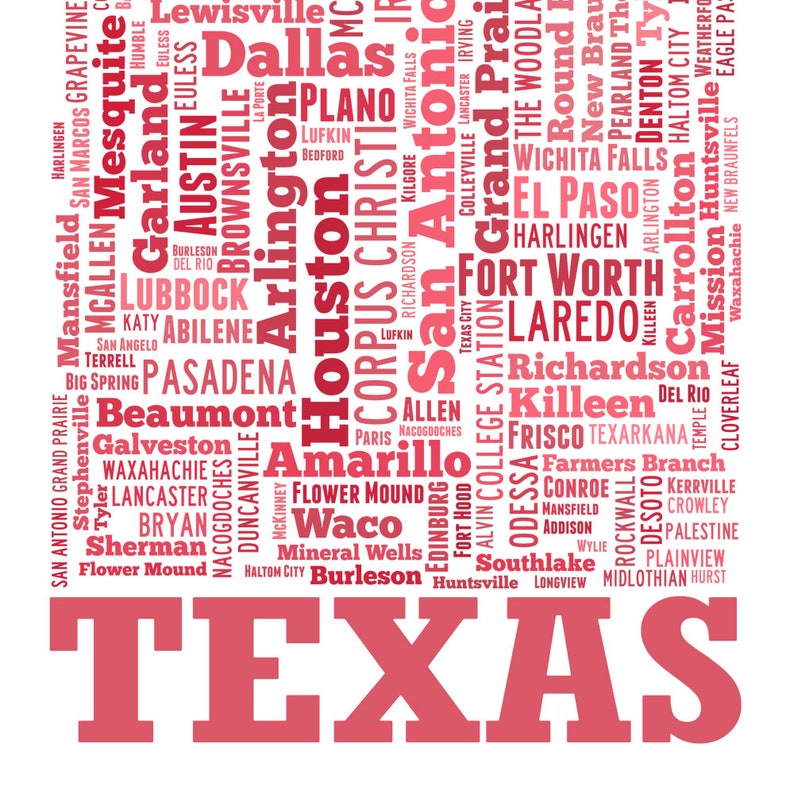 Texas map art, Texas art print, Texas decor, Texas wall art, Texas typography art, Texas poster print, Texas word cloud Pink Tones