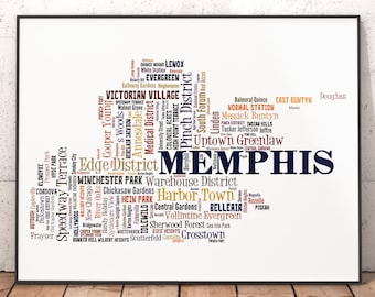 Memphis Neighborhood Map Art Print, Typography City Pride Wall Art