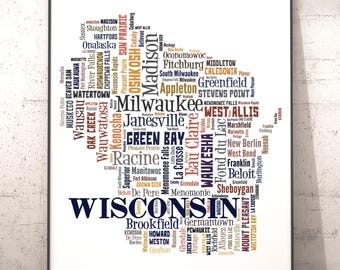 Wisconsin City Map Art Print, Typography Word Cloud