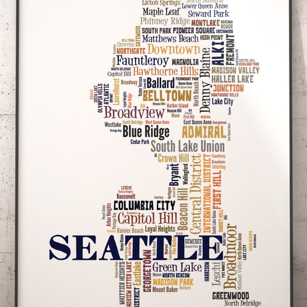 Seattle Art, Seattle Art Print, Seattle Neighborhood Art Print, Seattle Typography Art, Seattle Poster Print, Seattle Word Cloud