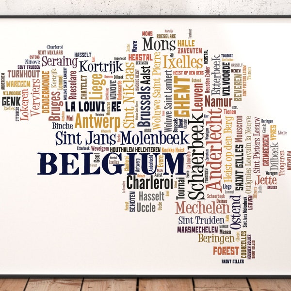 Belgium Map Art, Belgium Art Print, Belgium City Map, Belgium Typography Art, Belgium Poster Print, Belgium Word Cloud