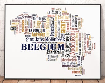 Belgium Map Typography Art Print, City Names Word Cloud