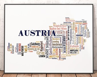 Austria Typography Map Art Print, City Names Word Cloud