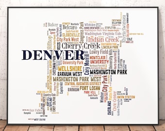 Denver Neighborhood Map Art Print, Typography City Map Poster