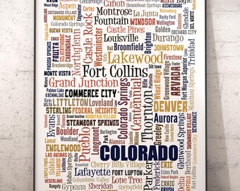 Colorado Typography Map Art Print, City Names