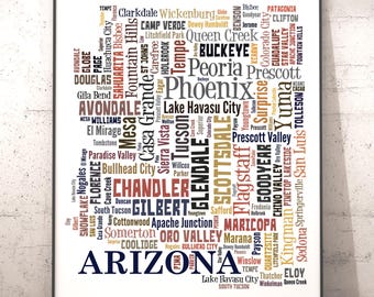 Arizona Typography Map Art Print, State City Names