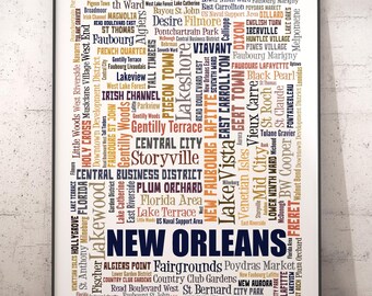New Orleans Neighborhoods Map Art Print, Typography Decor