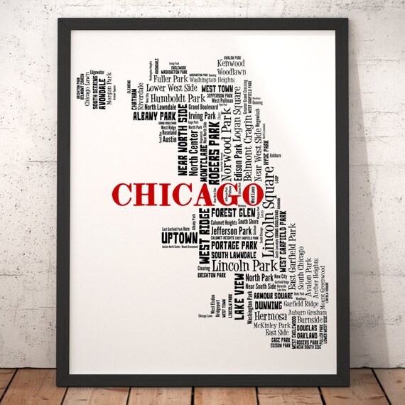 Chicago Map Art Print Neighborhood Art Print Chicago Neighborhood Map