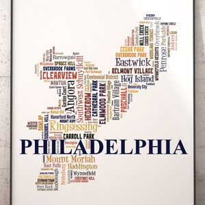 Philadelphia Map Art, Philadelphia Art Print, Philadelphia Neighborhood Art Print, Philadelphia Typography Art, Philadelphia Word Cloud