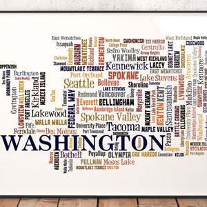 Washington Map Art, Washington Art Print, Washington State Map, Washington Typography Art, Washington Poster Print, Washington Word Cloud
