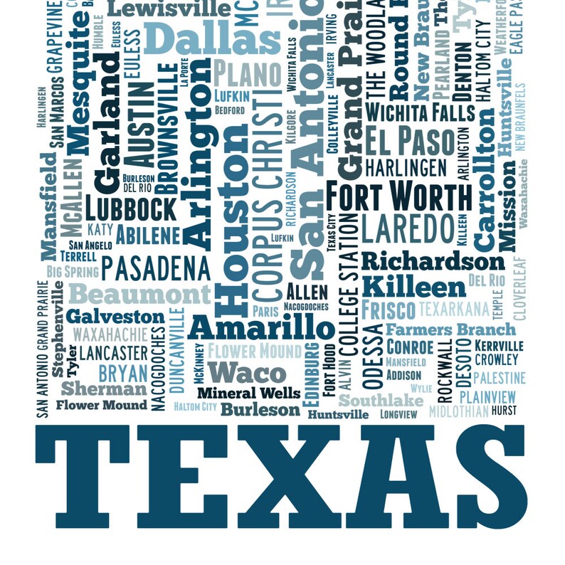 Texas map art, Texas art print, Texas decor, Texas wall art, Texas typography art, Texas poster print, Texas word cloud Ocean Tones