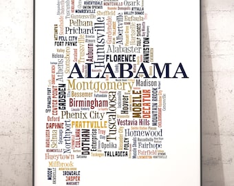 Alabama City Map Art Print, Typography Word Cloud