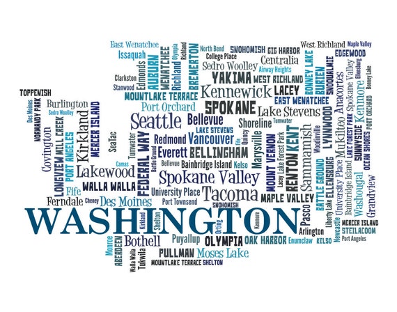 Washington Map Art Washington Art Print Washington State Etsy