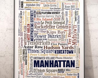 Manhattan Neighborhoods Art Print, Manhattan Typography Decor, Manhattan Art Print, Manhattan Poster Print, Manhattan Map Art Print