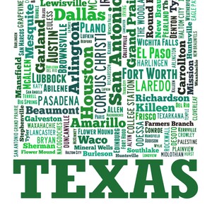 Texas map art, Texas art print, Texas decor, Texas wall art, Texas typography art, Texas poster print, Texas word cloud Green Tones