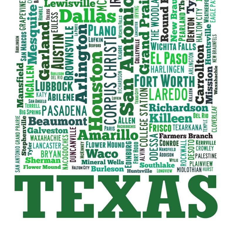 Texas map art, Texas art print, Texas decor, Texas wall art, Texas typography art, Texas poster print, Texas word cloud Green Tones