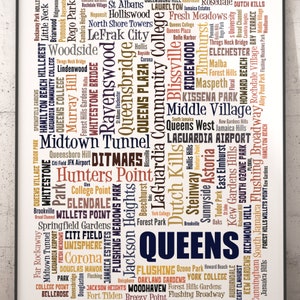 Queens Neighborhoods Art Print, Queens Typography Decor, Queens Art Print, Queens Poster Print, Queens Map Art Print