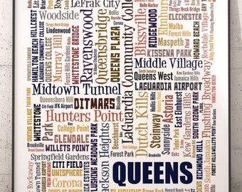 Queens Neighborhoods Art Print, Queens Typography Decor, Queens Art Print, Queens Poster Print, Queens Map Art Print