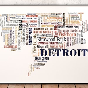 Detroit Map Art, Detroit Art Print, Detroit Neighborhood Art Print, Detroit Typography Art, Detroit Poster Print, Detroit Word Cloud