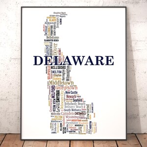 Delaware Typography Map Art Print, City Names