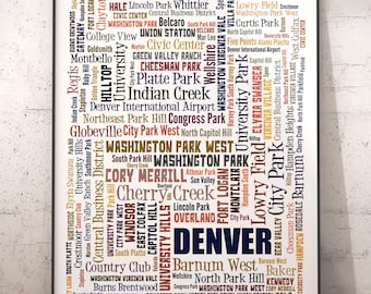 Denver Neighborhoods Art Print, Denver Typography Decor, Denver Art Print, Denver Poster Print, Denver Map Art Print