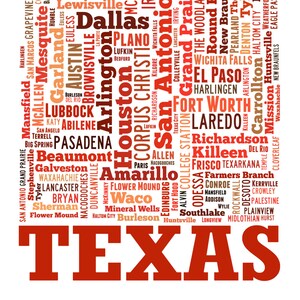 Texas map art, Texas art print, Texas decor, Texas wall art, Texas typography art, Texas poster print, Texas word cloud Red Tones