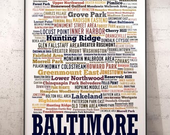 Baltimore Neighborhoods Map Art Print, Typography Word Cloud