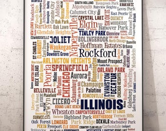 Illinois City Typography Map Art Print, State Pride Decor