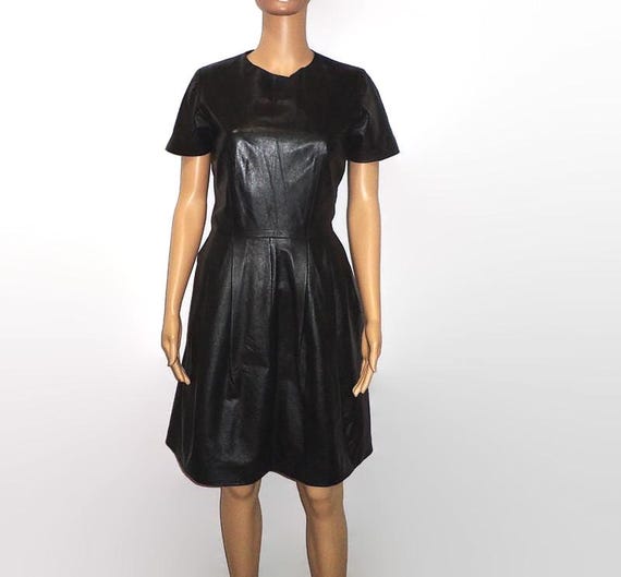Vintage Black Leather Short Sleeve Dress, Sz. 6