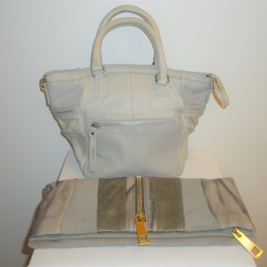 Vintage Gray Leather Tote/Purse/Handbag/Gray Leather Clutch