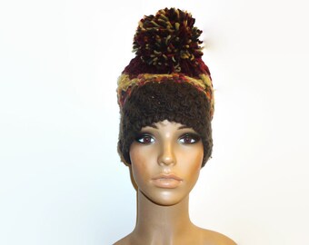 SALE Burgundy Crocheted/Knit Pom Pom Hats/Fur Gloves - Matching Bundle