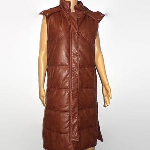 Vtg. Y2K Seven For All Mankind Long Puffer Vest, Sz S Faux Leather Brown/Cognac Color
