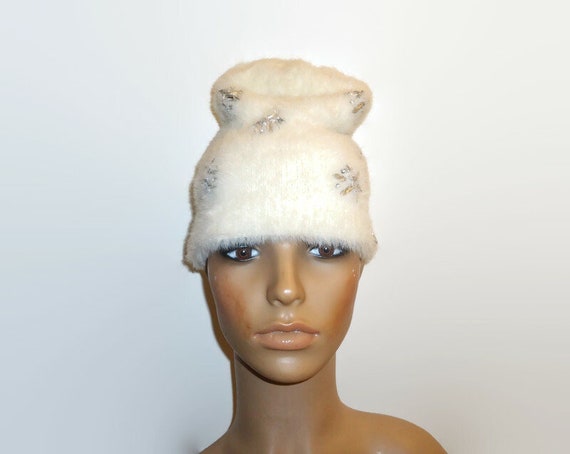 Bonnet angora perles strass bh6 grosse maille hiver chic