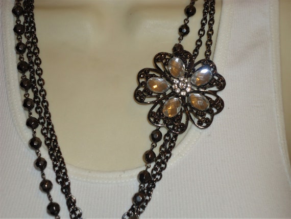 Multi Strand Chain Necklace W/ Large Floral Rhine… - image 4