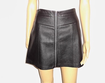 Minifalda vintage de piel auténtica negra con cremallera frontal, talla M