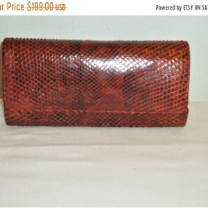 Bolso de mano vintage de piel de serpiente auténtica en color coñac y marrón