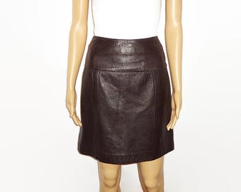 Vintage Dark Brown Genuine Lambskin Leather Above The Knee Length Skirt, Sz. 8