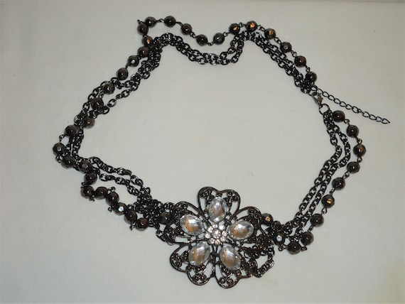 Multi Strand Chain Necklace W/ Large Floral Rhine… - image 2