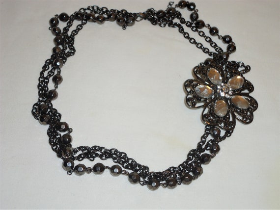 Multi Strand Chain Necklace W/ Large Floral Rhine… - image 3