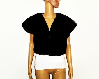 Black Faux Fur Vest, Lined Capped Sleeve, Sz.S