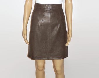 Vtg. Brown Leather Knee Length Skirt, Sz.6 – Made in France -Beautiful