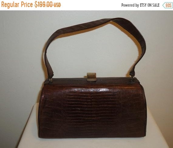 Genuine Lizard Embossed Leather Handbag  Dk. Brow… - image 1