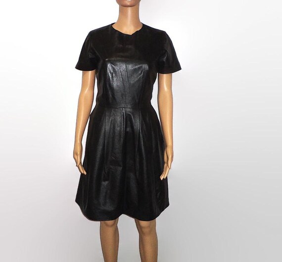 Vintage Black Leather Short Sleeve Dress, Sz. 6