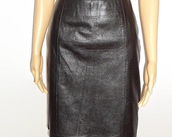 Vintage Black Genuine Leather Knee Length Skirt, Sz. 6