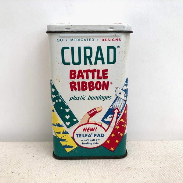 Vintage Curad Battle Ribbon Plastic Bandages - Vintage Bandage Tin - Advertising - Bathroom Decor - Collectible - First Aid Tin