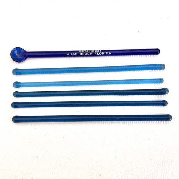 Vintage Glass Swizzle Sticks - Cobalt Blue Glass Cocktail Stirrers Lot of 6 - Barware