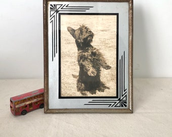 Vintage 1930s Art Deco Reversed Painted Glass with Metal Surround Photo Frame with Black and White Photo of a Scottie Dog - Vertical Frame